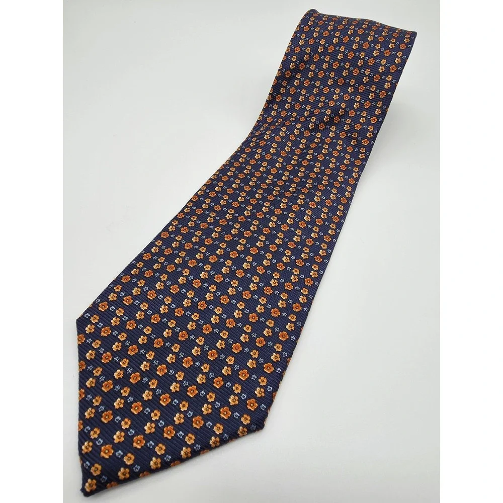 Lands' End Hand Sewn Vintage 100% Silk Neck Tie Blue Orange Floral 58